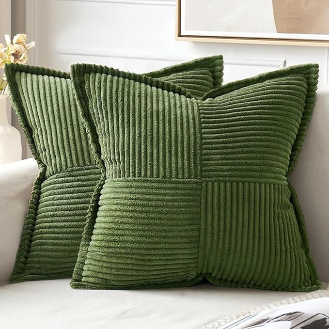 MIULEE Decorative Throw Pillow Covers for Couch 16x16 Inch Moss Green | 2 Pack, Boho Broadside Striped Patchwork Pillow Covers, Soft Corduroy Cushion Cases, For Sofa Bed Livingroom Home Decor