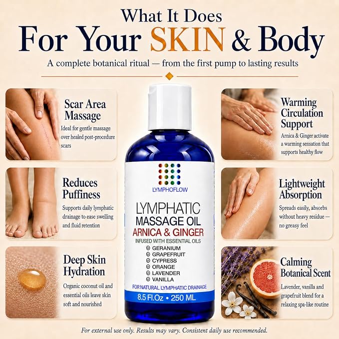 Lymphatic Drainage Massage Oil for Massage Therapy- Warming Arnica & Ginger | Surgeon-Developed Formula | Post Surgery Recovery, BBL, Liposuction, 360 Lipo, Tummy Tuck, Fibrosis | Made in USA | 8.5 Oz