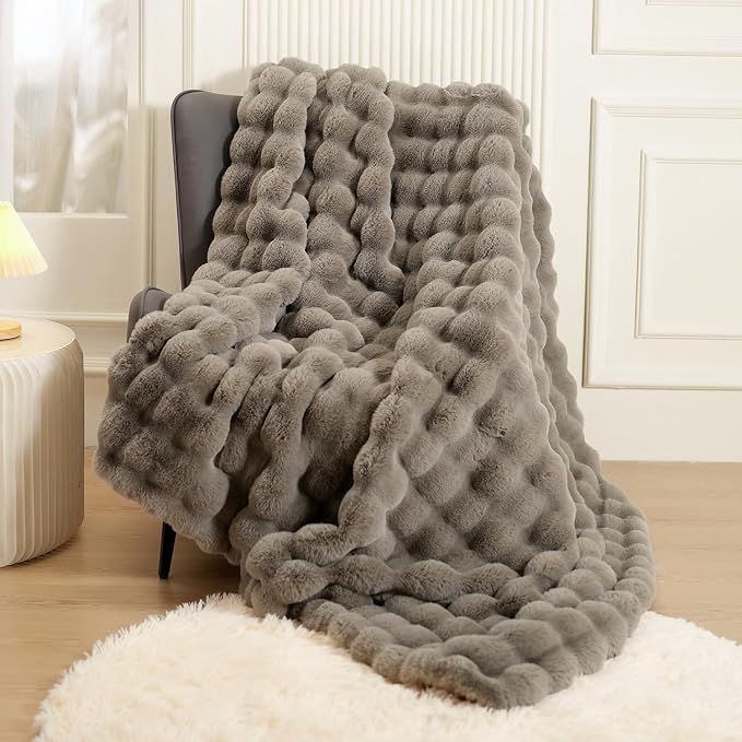 Super Comfort Oversized Warm Thick Bubble Luxury Plush Rabbit Faux Fur Throw Blanket, Fluffy Blanket,Soft Cozy Blanket for Couch Chair Bed Sofa Living Room (Grey, 75inX90in)