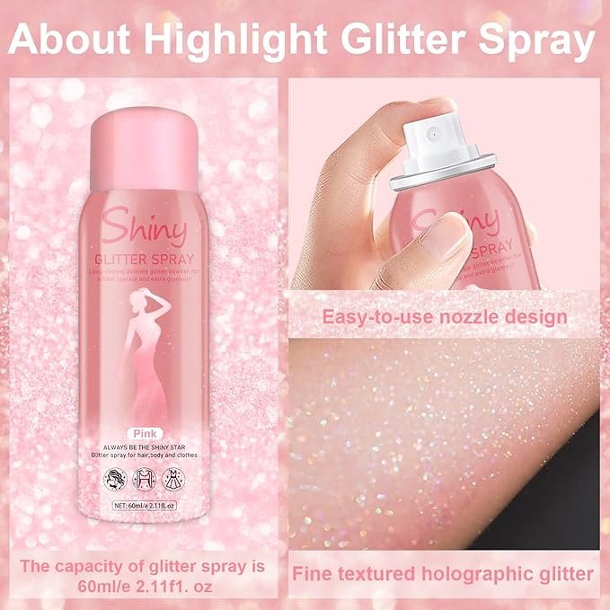 Hair and Body Glitter Spray, Holographic Glitter Highlighter Powder, Hairspray for Clothes, Face Body Shiny Glitter, Loose Shimmer Hairspray Festival Rave Prom Accessories, 2.11 Fl Oz (Pink)