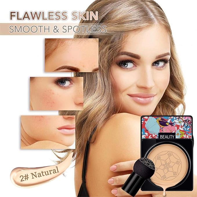 NUIBO Air Cushion CC Cream Mushroom Head, Moisturizing Concealer Makeup Base, Primer Liquid Foundation Long Lasting with Mushroom Makeup Sponges 【Natural】