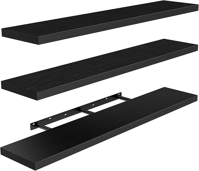 AMADA HOMEFURNISHING 47.2" L Floating Shelves, Wall Shelves Set of 3 for Bathroom/Living Room/Bedroom/Kitchen, Black Floating Shelves for Wall Decor with Invisible Brackets - AMFS55B