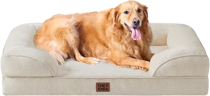 EHEYCIGA Orthopedic Extra Large Dog Bed, Waterproof Washable XL Pet Bed 44" | Non-Slip Bottom and Egg-Crate Memory Foam Big Dog Couch Bed with Washable Removable Cover, Beige, 44Inch