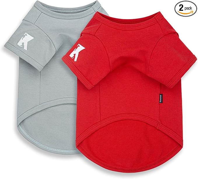 Koneseve Dog Shirts Breathable Cotton Stretchy - Sunny Red & Smoky Blue XL | 2-Pack Soft Basic T-Shirt for Small Dogs & Cats, Solid Plain Outfit for All Seasons, Easy Pull-On, Daily Wear & Outdoor Walks