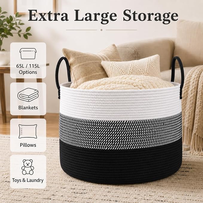 JMvicyroam 115L Extra Large Machine Washable Cotton Rope Blanket Basket | Collapsible laundry hamper, Reinforced handles, For blankets,pillows,toys and clothes, Living room and bedroom,White&BlackMix
