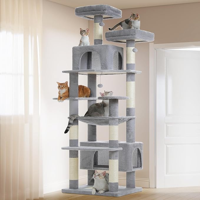 PAWZ Road XXL 81" Cat Tree Large Cats with Big Condos,Perches Sisal Posts | 20"x16" hammock for adult cats, tall cat tower with 7 scratching posts, dual perch and large condo for big maine cats