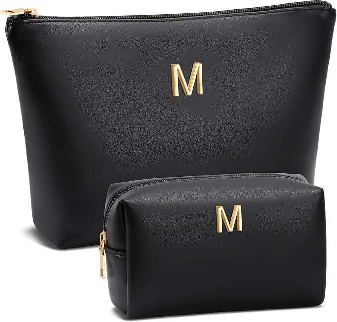 Women Gifts | Initial Makeup Bag for Girl Personalized Gifts for Bridesmaid Friend PU Leather Cosmetic Travel Toiletry Bag(Black,M)