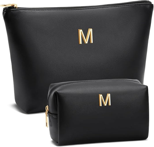Women Gifts | Initial Makeup Bag for Girl Personalized Gifts for Bridesmaid Friend PU Leather Cosmetic Travel Toiletry Bag(Black,M)