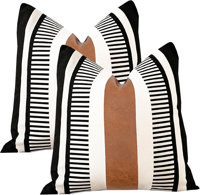 24x24 Boho Striped Pillow Cover with Faux Leather Accent, Black, 2 PC | Geometric printed cotton, vintage brown accent, black white reversible cushion case, farmhouse tribal floor sofa couch decor.