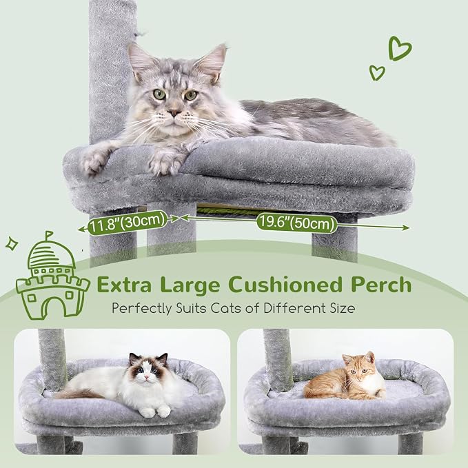 Globlazer Cat Tower for Indoor Adult Cats, 50-inch Heavy Duty Cat Tree House for Big Cats with Extra-Large Padded Platform, Sisal Scratching Board, 2 Large Condos, F50, Light Grey