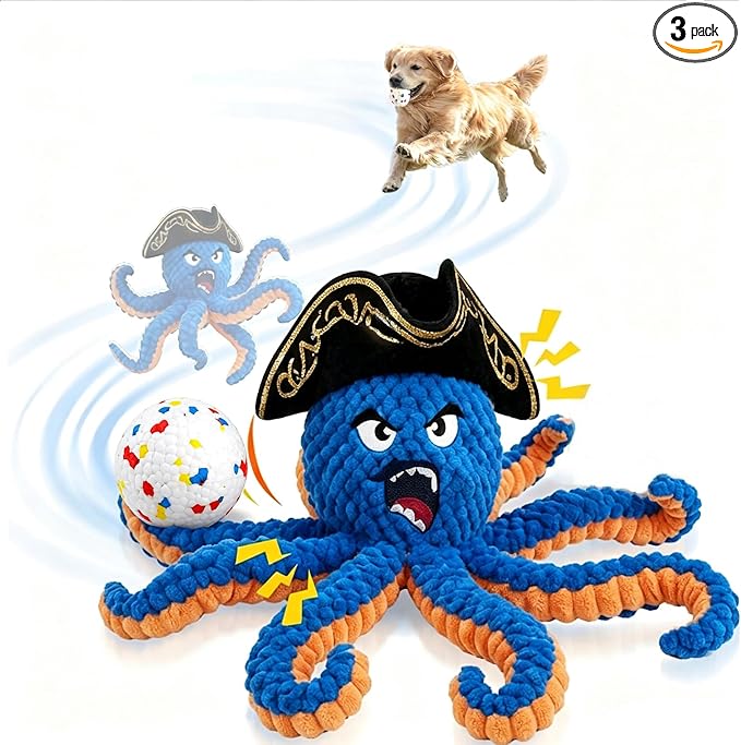 2026 Interactive Dog Toys, Self Moving Octopus Dog Toy Set with 2 Balls - Automatic Wobble Ball & Durable Chew Ball, 4-in-1 Squeaky Plush Enrichment Toy to Keep Them Busy for Medium Large Dogs