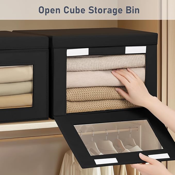 DIMJ Storage Bins with Lids - 5 Pack Large Fabric Closet Organizer with Window & Handles, Collapsible Decorative Storage Boxes for Shelves Under Bed, Books Clothes Blankets Sweaters Organization