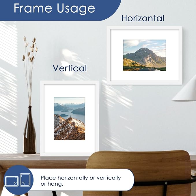 9x12 Picture Frame Set of 6, Wall or Tabletop Display, White | Display Pictures 6x8 with Mat or 9x12 Without Mat, Horizontal or Vertical, Gallery Wall Frame Set, Wedding Birthday Gifts