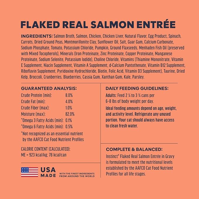 Instinct Flaked Entrees, Wet Canned Cat Food, Salmon, 3 oz. (24 Count) | Tender flaked cuts in savory gravy, high protein, real salmon, whole-food ingredients, grain-free, hydration support