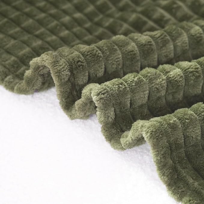 Puncuntex Fleece Throw Blanket Olive Green 60"×80" with Square Grid Design | Super Soft Plush Cozy Flannel Throw Blanket Luxury for Couch Sofa Chair