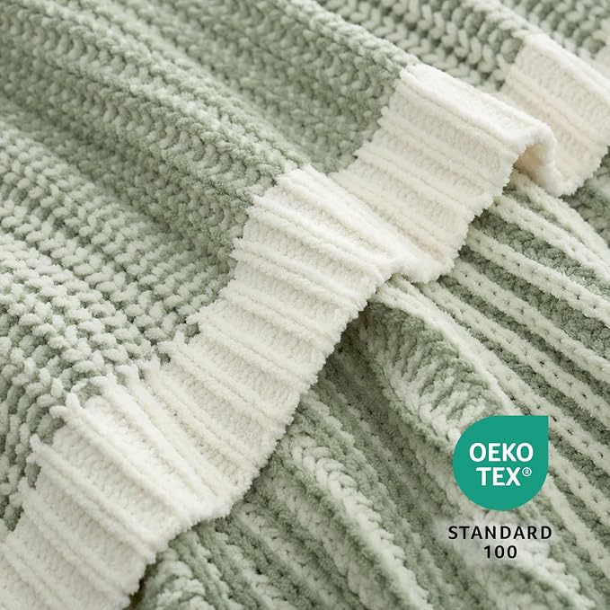 Premium Chenille Throw Blanket, Soft Cozy Luxury Two-Tone Knit Blanket for Couch, Sofa, Chair, Home Decor, Sage Green & Ivory 50"x60"