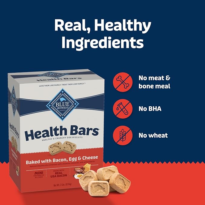 Blue Buffalo Health Bars Crunchy Dog Biscuits, Oven-Baked with Natural Ingredients, Bacon, Egg & Cheese, 32-oz Bag (Pack of 2)