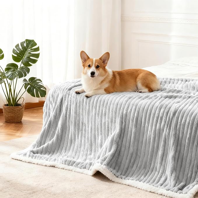 Waterproof Dog Blanket Warm Grey 40x50 in | Soft Pet Cat Blanket Cozy Calming Sherpa Corduroy Fleece Reversible Furniture Bed Protector Small Dogs, Machine Washable