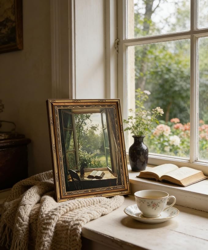 Gold Framed Wall Art Vintage Reading Nook Wall Art Dark Academia Bookish Wall Decor Picture Country Cottagecore Reading Poster Print for Gallery Library Bookstore Decoration 9x11in