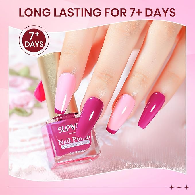 Hot Pink Nail Polish Set, Quick Dry Spring Summer Regular Nail Polish Neon Pink Glitter Fingernail Polish Natural Neutral Nail Lacquer High Glossy Nail Manicure DIY Salon Gift for Women Girl
