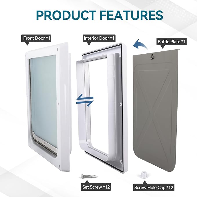PAWISE 2 Way Dog Door, Lockable Dog Flap with Flexible Transparent Flap, Weatherproof & Easy Install Pet Door with Solid Metal Panel, Energy-Efficient Design Doggy Door for Large Dogs(15.3"x12.2")