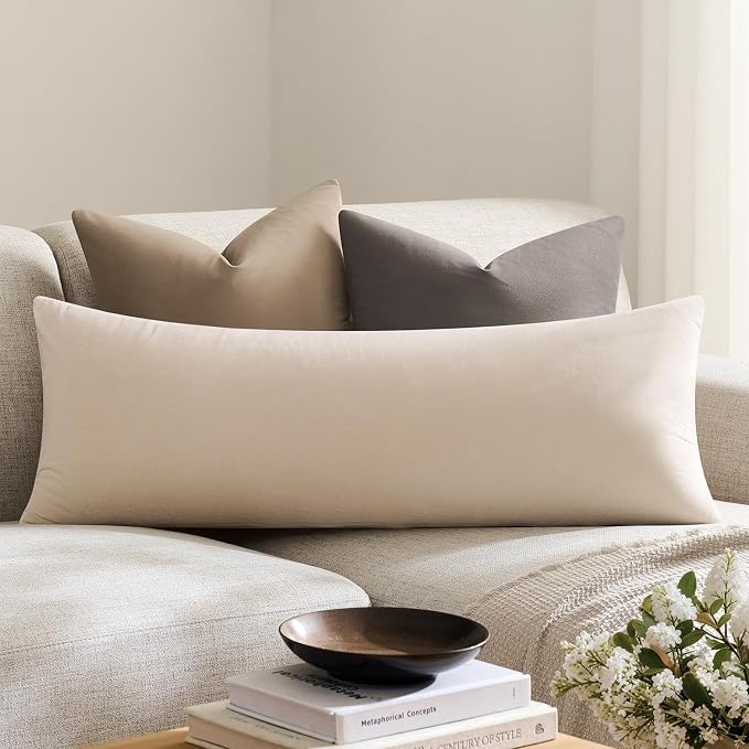 Throw Pillow Covers Lumbar 14x36 Inch Velvet Pillow Covers, Soft Decorative Beige Pack of 1 Long Pillow Case for Couch Cushion Chair Sofa Bed Living Room, Home Boho Decor