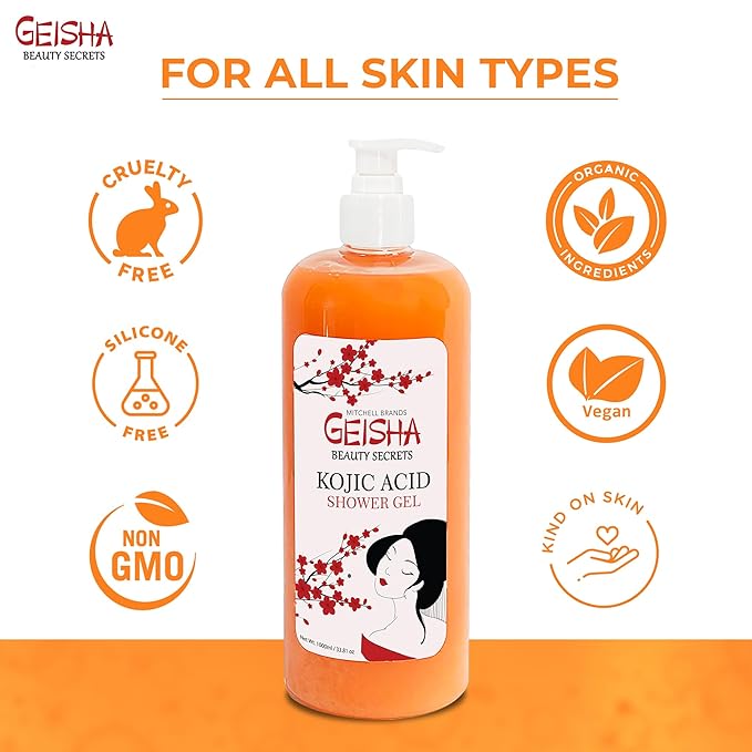 OMIC Geisha, Kojic Acid Skin Brightening Body Wash - 33 Fl oz / 1000 ml - Even Out Tone, Radiance, Face and Body Shower Gel, with Coconut Oil and Shea Butter
