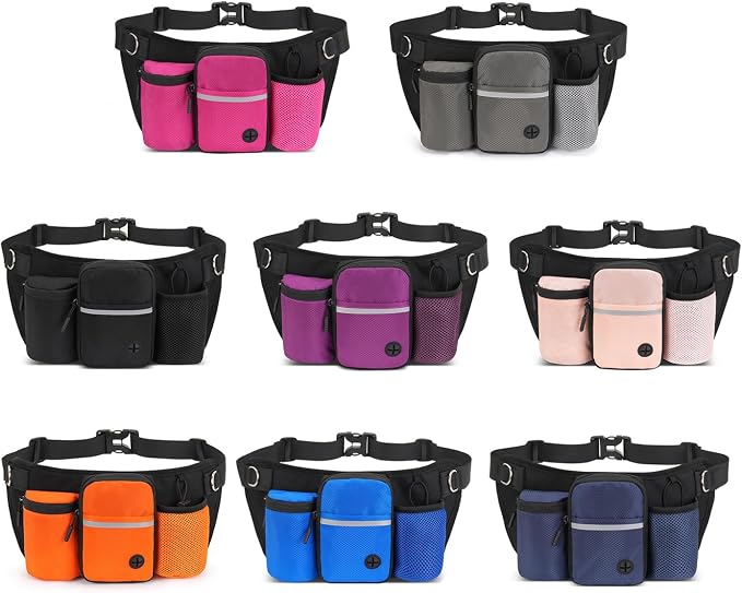 Dog Treat Pouch for Training – Hands-Free Waist Belt with Built-in Poop Bag Dispenser, Water Bottle Holder & Phone Pocket, Includes Reflective Bungee Leash (Gray)