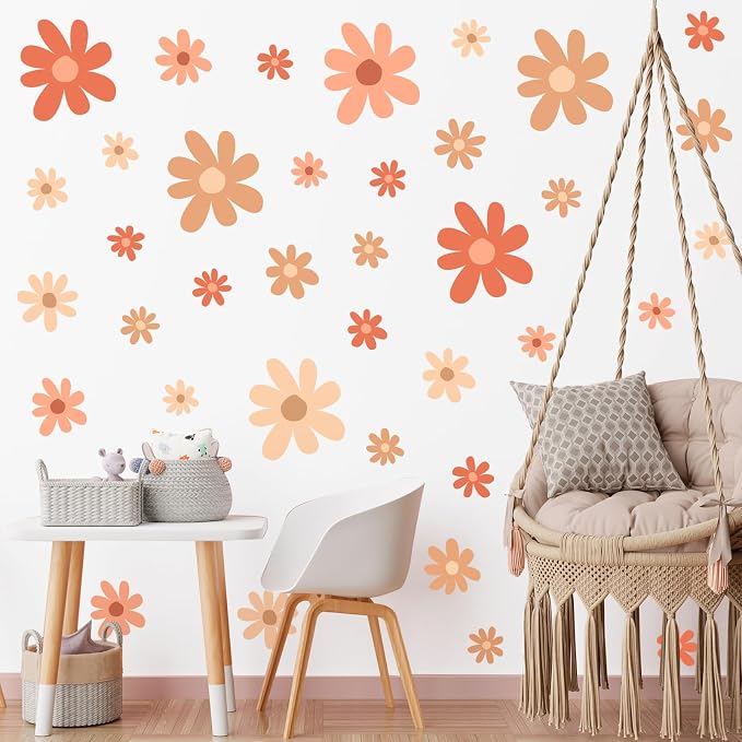 TaoBary 12 Sheet Daisy Wall Sticker Decal,Orange,Colorful Style | Big Flower Wall Sticker, Pink White Floral Decal, Daisy Bedroom Room Decor, Removable Peel and Stick, Nursery Home Wall Decor