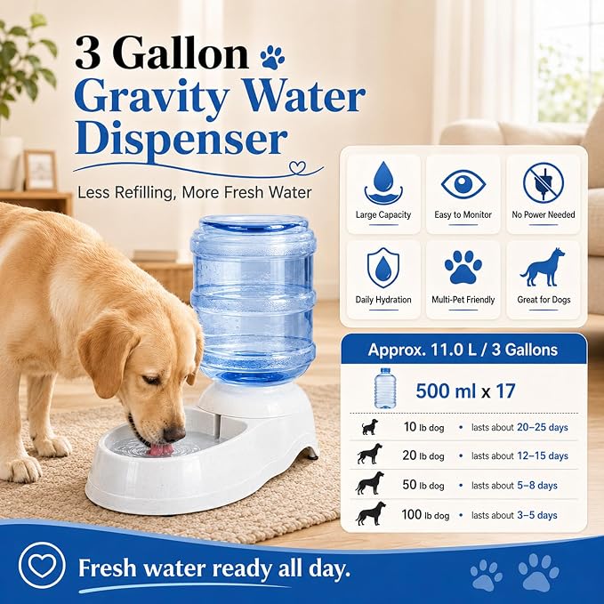 Pet Water Dispenser Station for Large Dogs and Cats,3 Gallon/11L Gravity Automatic Feeder, Cat Dog Water Fountain, Dog Water Bowl Dispenser,Large Breed Dog Drinking Fountain