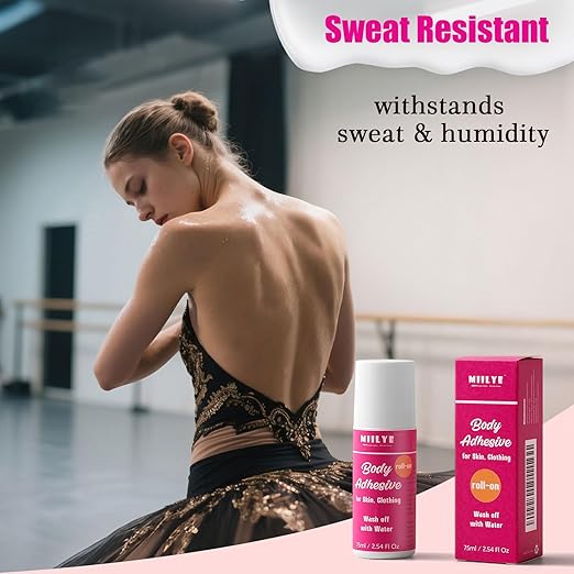 Body Adhesive Roll-On for Skin & Clothing 2.54 Oz-Sweat Resistant, Water Wash Off- Fashion Adhesive for Dancers, Socks, Stockings, Leotards, Bras, Wigs, Costumes