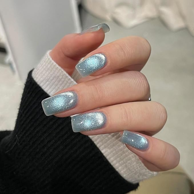GAOY Jelly Blue Cat Eye Gel Nail Polish, 16ml Glitter Holographic Nail Polish with Magnet, Reflective Translucent UV Gel, 3045 Blue Ice