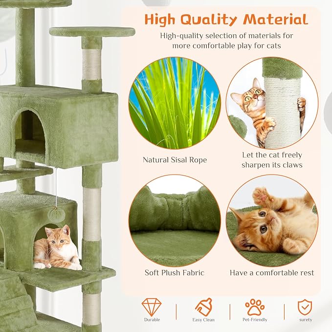 Sweetcrispy 54-inch Cat Tree Tower with Scratching Posts, Indoor Use | Multi-Level Indoor Cat Tree Condo with Climbing Ladder, Plush Toy, Play House for Kitten, Green