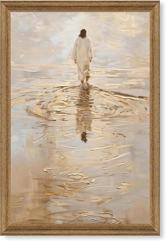 Fantasy Artists Christian Wall Art – Jesus Walking on Water Inspirational Painting, Warm Gold Faith Artwork for Home & Prayer Room, Religious Decor Symbolizing Hope, Trust & Divine Strength, 24W X 36H