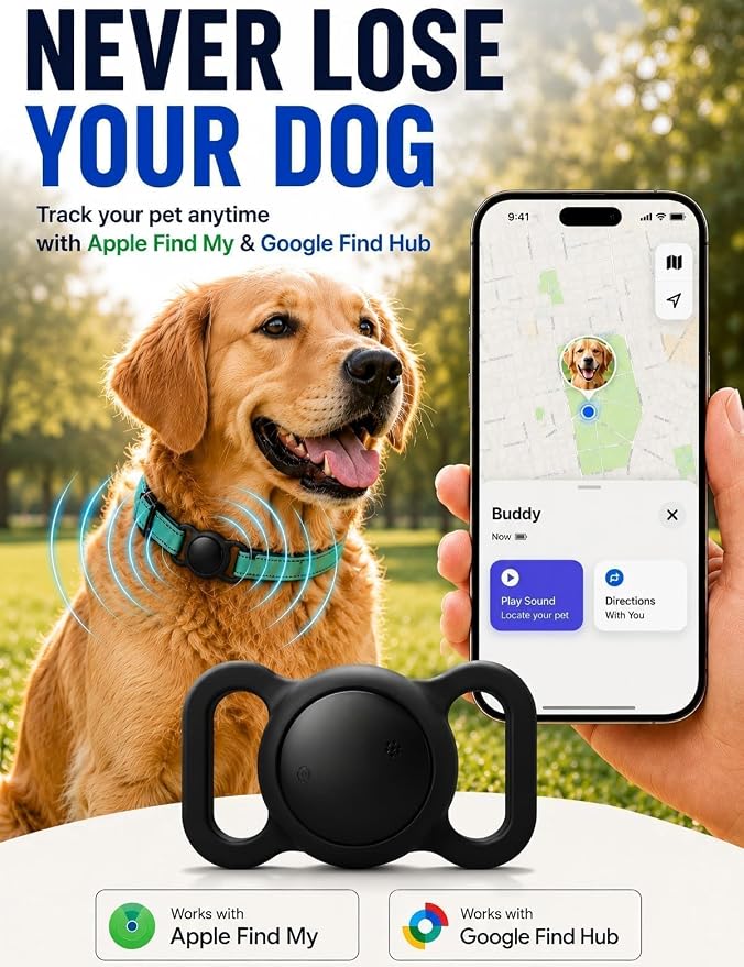 GPS Tracker for Dogs (iOS & Android), Smart Activity Real-Time Tracking | No Subscription Bluetooth Smart Finder Tag Works with Google Find Hub & Apple Find my App, Anti-Lost for Pet Items Black