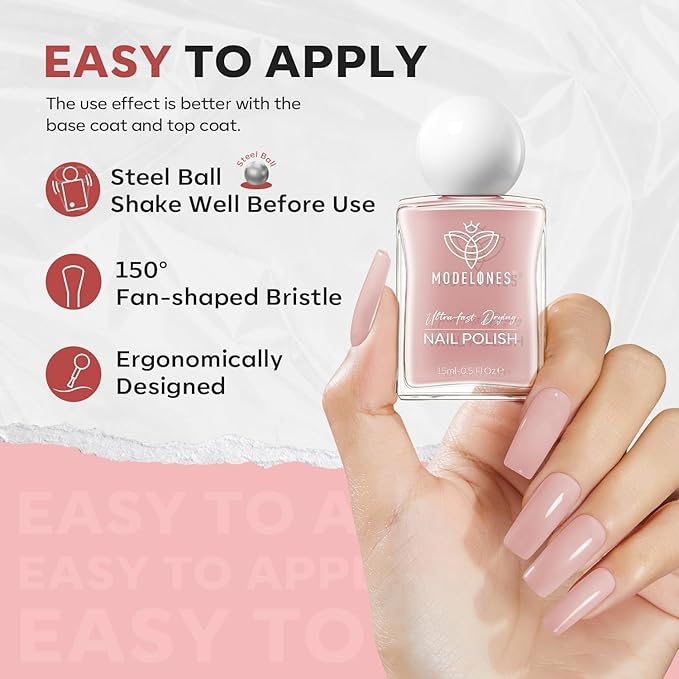 modelones Jelly Nude Nail Polish, 15 ml Valentines Pink Translucent Quick Dry Nail Lacquer Strengthener Long Last Shine Fingernail Toe Nail Art DIY Home Manicure Gift for Women Girls