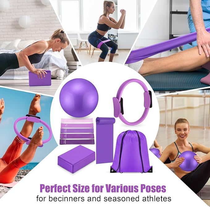 Silipull 10 Pcs Pilates Ring Blocks Set for Women Home Yoga Equipment Accessories Pilates Ring Circle and Ball Workouts Gift Include Ball Yoga Circle Resistance Bands Block Straps Gym Bag