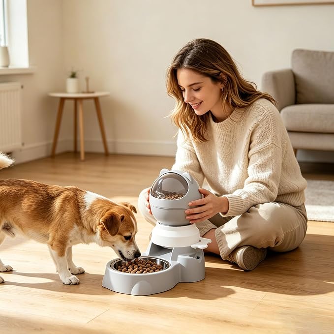 Automatic Gravity Pet Feeder Dispenser,Treat Dispenser with Button for Slow Feeder,Dog Waterer and Food Feeder for Cats Dogs (Grey)