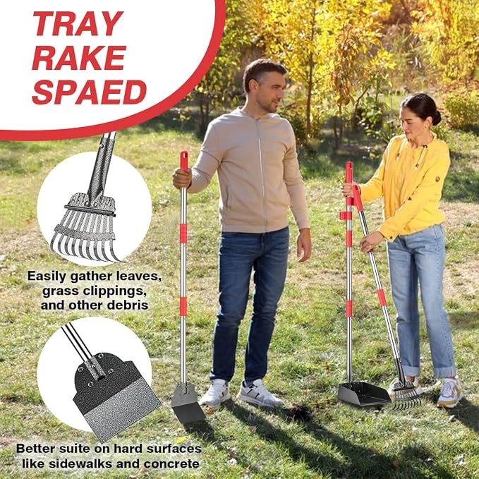 FUSBUNTY Long Handle Dog Pooper Scooper, Heavy Duty Stainless Steel Rake | Includes Tray & Spade for Pet Waste Removal. Rust-Proof Metal Scoop Set for Grass, Dirt, Gravel, Yard & Outdoor Clean Up.