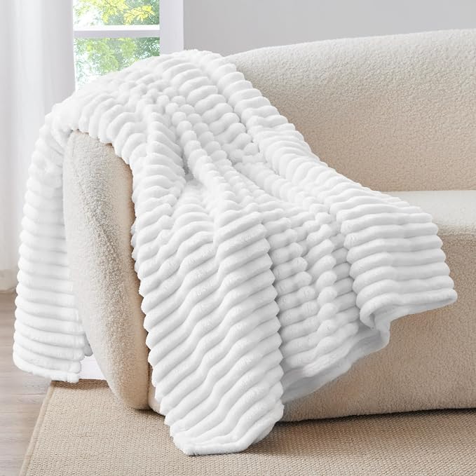 BEDELITE Striped Fleece Throw Blanket, Bright White, 50"x60" | 300GSM Microfiber Fleece, Soft Cozy, Lightweight Warm, Double-Sided Plush, Machine Washable, Gift, Room Decor, for Couch Sofa