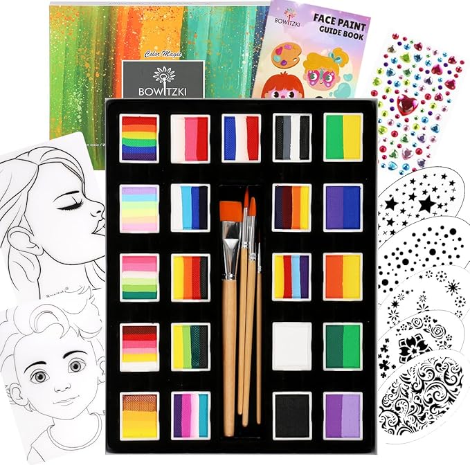 Bowitzki 21 Color Split Cake Face Paint Set Professional Face Painting Kit Kids Adults 10g One Stroke Stencil Brush Practice Board Guide Book Non Toxic Rainbow Body Makeup Halloween Christmas Easter