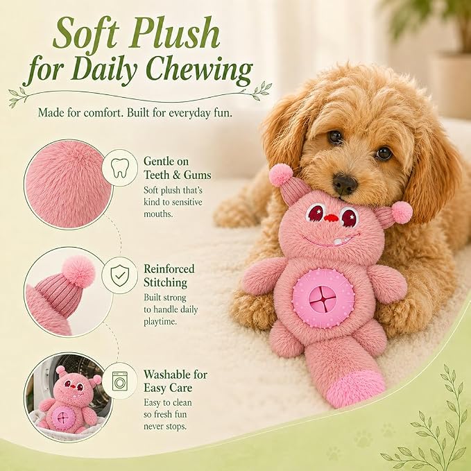 Cute Monster Plush Dog Chew Toy – Squeaky Ball, Crinkle Paper & Treat Dispenser, Washable Interactive Stuffed Toy for All Breeds, Relieves Boredom & Anxiety（Pink）