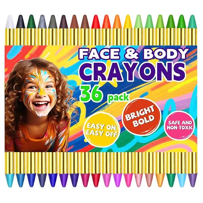 Face Paint, 36 Kids Face Paint Sticks, Professtional Face Painting Kit for Kids, 6 Fluorescent + 6 Metallic + 24 Classic Color, Non-Toxic & Washable Face Body Crayons