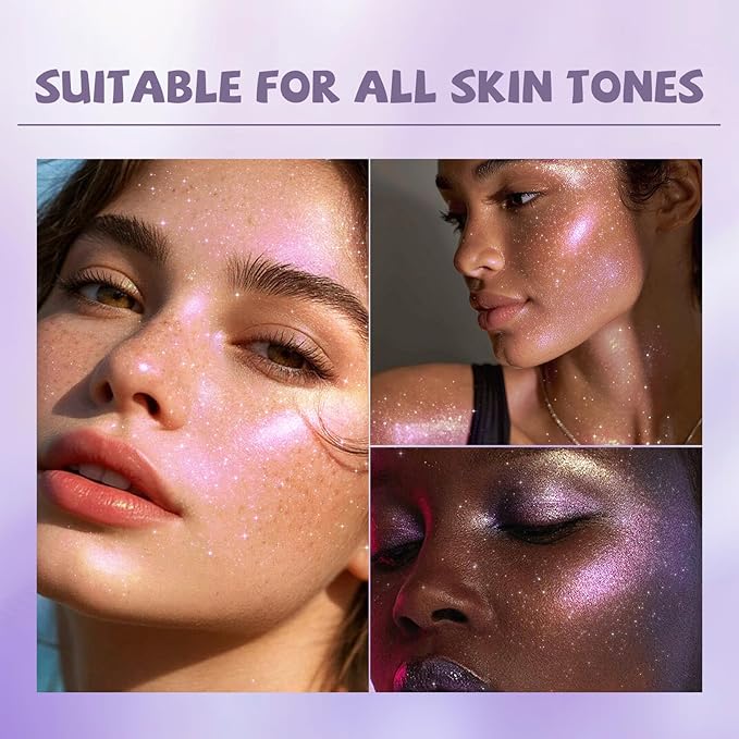 Chameleon Body Glitter Powder, Air Cushion Highlighter for Face, Hair, Multichrome Color Shifting Sparkling Body Shimmer Patting Powder Smooth Easy-Use Glow Makeup, 05 Hologhraphic Purple