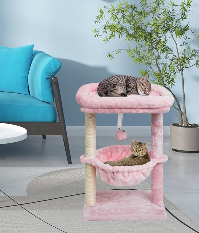 SYANDLVY Small Pink Cat Tree for Indoor Cats, Activity Tower for Kittens | Scratching Post, Modern Cat Furniture with Basket & Hanging Ball for Play Rest, Pink