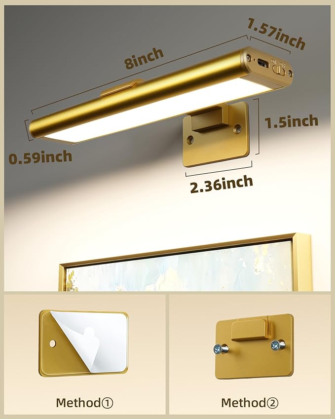 EZVALO Picture Light for Wall, Rechargeable 2400mAh Gold Lights Wireless with IR Remote, 3 Color & Dimmable Magnetic 7.87'' LED Lights Display for Painting, Living Room, Gallery, Bedroom Art(3P)