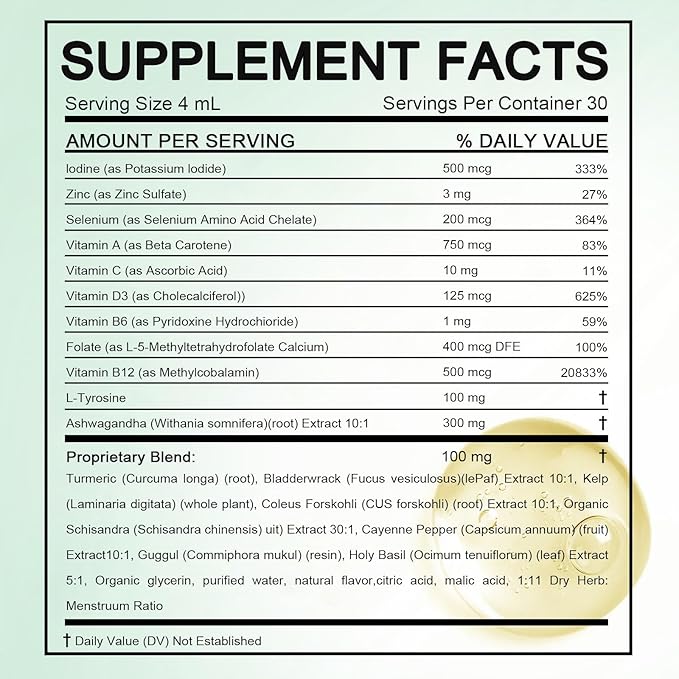 Kindled Thyroid Support Liquid Drops, Actora Thyroid Support Drops with Selenium Zinc Iodine L-Tyrosine Ashwagandha for Hormone Balance - Mood & Energy Supplement - 4 fl. oz. (120mL) (1)