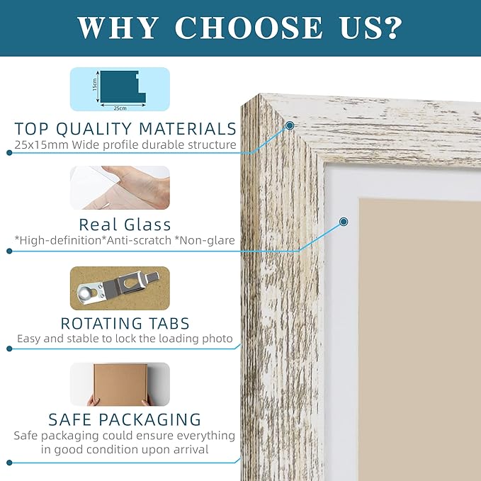Hongkee 6x9 Picture Frame Set of 4, Made of Real Glass and Distressed White Wooden Frame - 6 by 9 Photo for Wall or Tabletop Display