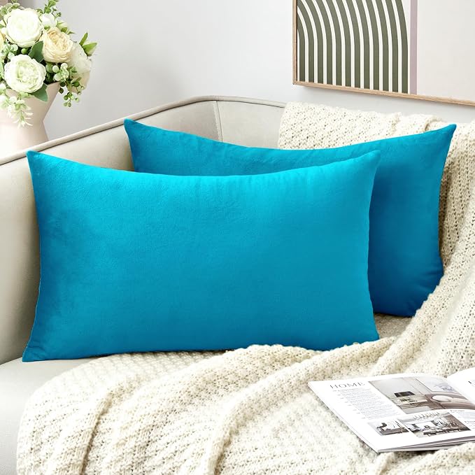 Throw Pillow Covers Decorative Velvet Set of 2 12x20 Inch Pillow Covers, Soft Teal Lumbar Pillowcases for Couch Sofa Bed Living Room, Farmhouse Home Boho Decor, Accent Cushion Covers