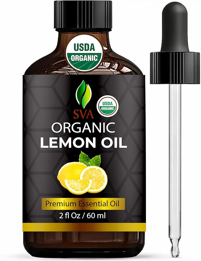 SVA Lemon Essential Oil Organic – 2 Fl Oz – 100% Natural Organic Lemon Oil - for Diffuser, Hair, Face, Skin Care, Aromatherapy, Scalp and Body Massage, Soap and Candle Making - with Dropper
